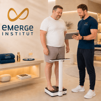 Mann auf Waage im emerge Institut - Seca Messung
